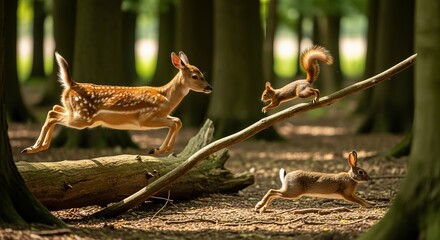 Obraz premium Wildlife photography of deer squirrel and hare running in forest nature animals forest wildlife photography
