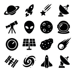 Space icon collection, cosmic design elements. astronomy and galaxy exploration set