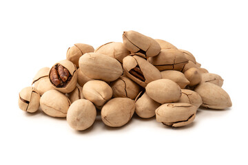 Pecan-nut in a shell isolated on white background. Top view.