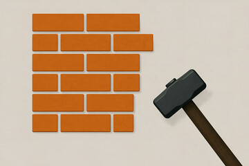 Minimalistyczna ilustracja z młotem obok ściany z cegieł. Koncepcja budowy, remontu, niszczenia lub pokonywania barier i problemów.