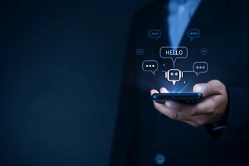 Consumers chatting with artificial intelligence through smartphones Sensible computerised chatbot that chats. AI