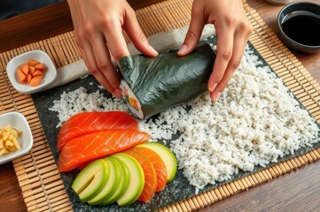 A colorful table with sushi ingredients, cook
