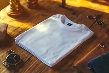 A pristine white t-shirt rests on a rustic wooden table, accented with vintage accessories and capturing an elegant, minimalist style.