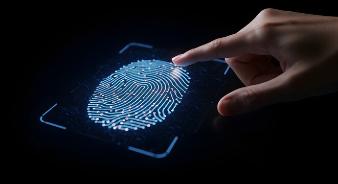 Hand scanning fingerprint on digital screen, biometric authentication, identity verification, security concept. Finger touching illuminated fingerprint with glowing lines, data protection. - Powered by Adobe
