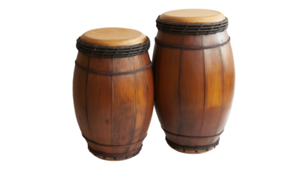 A pair of bongo drums on a white background, featuring wooden bodies and natural drumheads, ideal for rhythmic Latin music.
