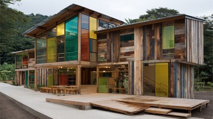 Colorful wooden building with glass
