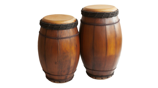 A pair of bongo drums on a white background, featuring wooden bodies and natural drumheads, ideal for rhythmic Latin music.