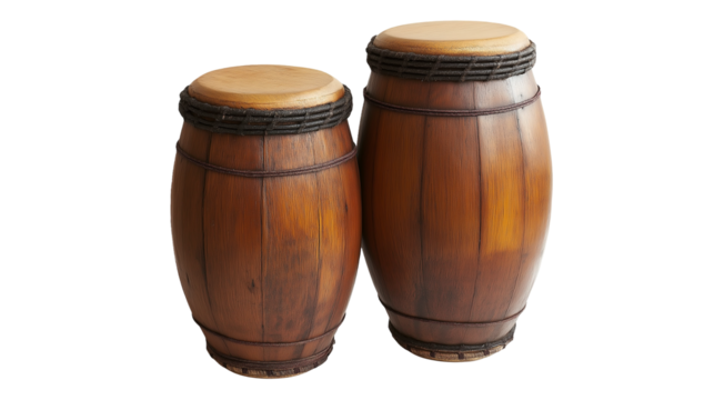 A pair of bongo drums on a white background, featuring wooden bodies and natural drumheads, ideal for rhythmic Latin music.