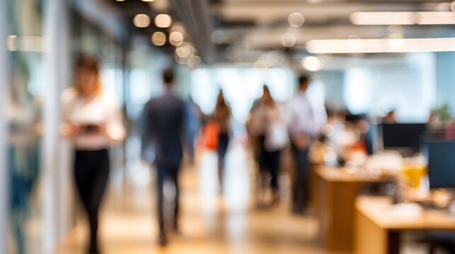 Blurred figures walking in a modern office setting create a sense of dynamic professional activity within the workspace.