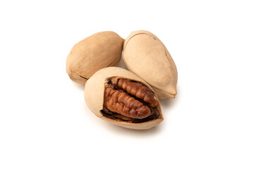 Pecan-nut in a shell isolated on white background. Top view.