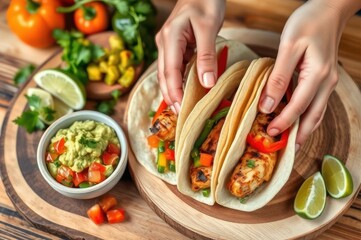 A cook's hands preparing tacos, laying meat and vegetables into