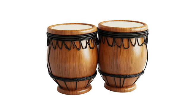 A pair of bongo drums on a white background, featuring wooden bodies and natural drumheads, ideal for rhythmic Latin music.