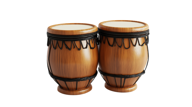 A pair of bongo drums on a white background, featuring wooden bodies and natural drumheads, ideal for rhythmic Latin music.