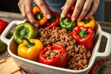 Cook placing stuffed bell peppers into a baking dish, surrounded