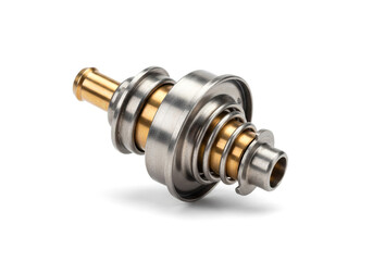 Close up shot of a car thermostat with metal and gold components on a white background studio shot