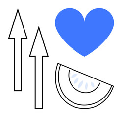 Minimalist design with blue heart, two black arrows, and watermelon slice. Ideal for love, health, growth, wellness, summer, motivation simple landing page