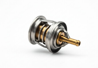 Close up of a thermostat with a metal housing and a brass colored valve on a white background
