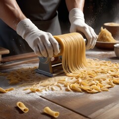 A table with pasta dough being cut into strips, hands using a roller and flour sprinkled. Generative AI