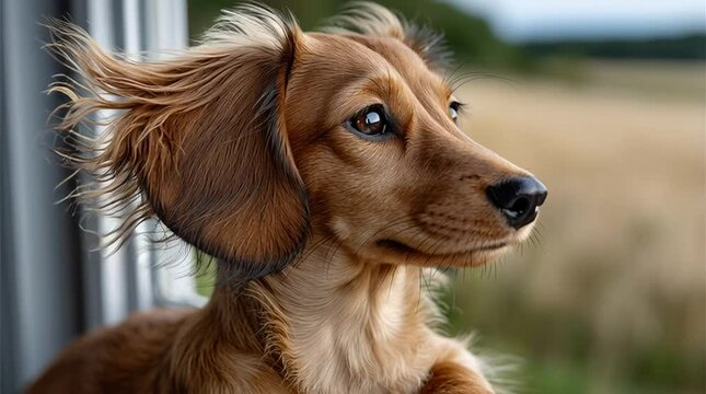A sweet dachshund gazing out of a window on a windy day, its ears fluttering in the breeze