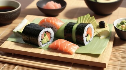 A colorful table with sushi ingredients, cook’s hands rolling seaweed over rice and vegetables. Generative AI