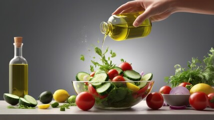 Hands mixing salad in a large glass bowl, surrounded by lettuce, cherry tomatoes, olive oil, lemon. Generative AI