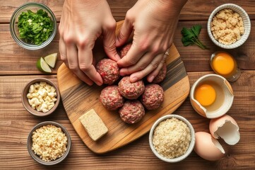 Hands forming meatballs on a cutting board, garlic, herbs, bread
