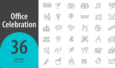 Office Celebration Line Icons, Party Hat, Cake, Balloons, Team Cheers, Gift Box, Editable Formats: AI, EPS, PNG, JPG, Ideal for Both Digital and Print Use
