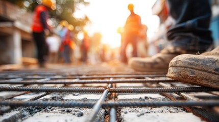 Construction workers on steel grid