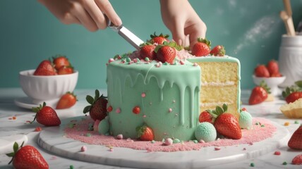 A cook decorating a cake with icing using piping bag, table filled with sprinkles and berries. Generative AI