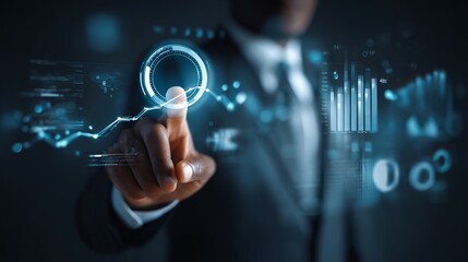 Man in suit interacting with a futuristic interface using touch technology and digital graphs for analysis.