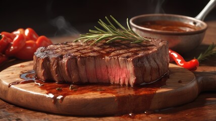 Hands pouring sauce over grilled meat on wooden board, herbs, spices, and roasted vegetables nearby. Generative AI