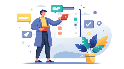 Illustration of a man in a lab coat holding a clipboard next to a checklist and a potted plant