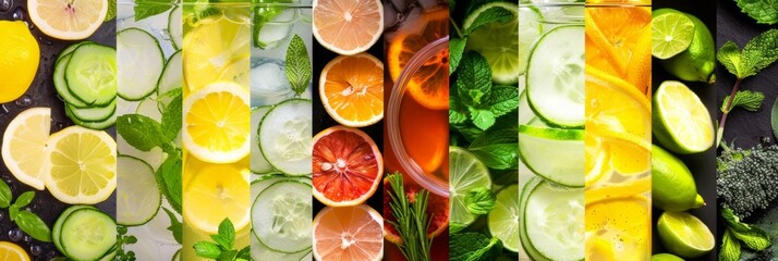 A collage of different fruits vegetables and herbs that are commonly used in cacao water such as lemon cucumber and mint. The image intends to highlight the natural and healthy ingredients