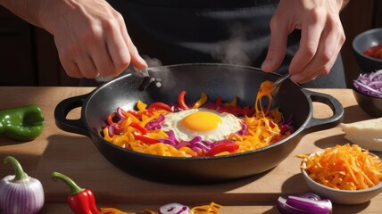 Hands cracking eggs into a pan on a table with chopped onions, peppers, and grated cheese. Generative AI