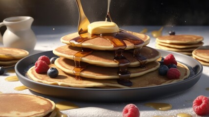 Cook’s hands flipping pancakes on a griddle, table set with syrup, berries, butter, and flour. Generative AI