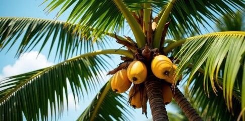 Fototapeta premium Dwarf coconut palm laden with ripening coconuts, Big Island , fresh, coconut