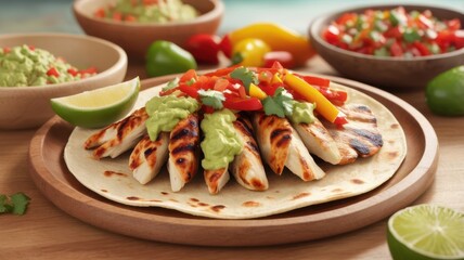 A cook's hands preparing tacos, laying meat and vegetables into tortillas, table with salsa and lime. Generative AI