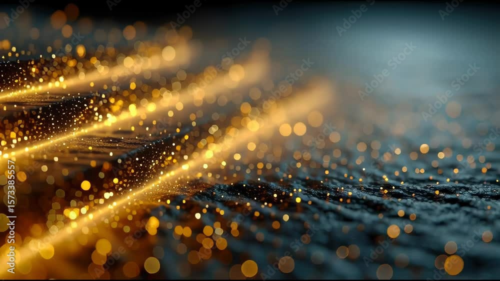 Poster glowing golden lines layered across a dark, rough surface, creating depth and motion with intense sp