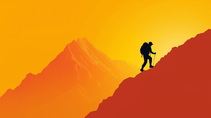 Minimalistic flat vector illustration of hiker silhouette climbing a mountain at sunrise