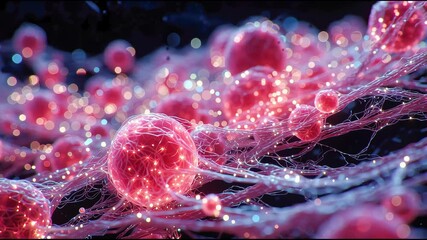 Futuristic depiction of glowing pink spheres connected by electric filaments in a dark environment, resembling a sci-fi biological or digital network - Powered by Adobe