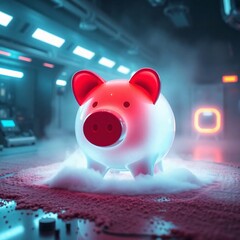 A futuristic sci-fi scene depicting a piggy bank illuminated by volumetric lighting, showcasing visible light beams through dust or fog and advanced technology, including space elements.