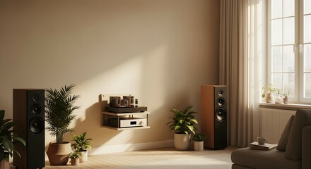 Fototapeta premium Living room audio system speakers plants design interior home decor modern amplifier sound system style