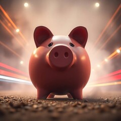A long exposure photograph of a piggy bank, in a grand, epic scene with soft cinematic haze, lens glow lighting, motion trails, and heroic elements, using a massive scale and soft focus.