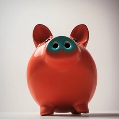 A low-angle perspective of a piggy bank, showcasing a dramatic contrast between warm terracotta and cool teal tones, viewed from below