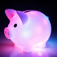 A piggy bank bathed in glowing bioluminescent colors, featuring a soft dreamy atmosphere, hazy soft light, and natural light effects, emitting a vibrant glow