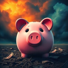 A piggy bank depicted in a dramatic scene with vibrant, complementary colors, contrasting tones, and stormy skies, conveying high tension. Balanced composition