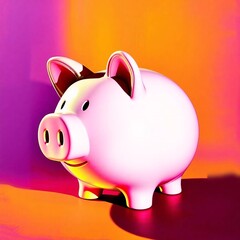 A piggy bank depicted with bright, vibrant colors, strong hard light, and direct harsh shadows, creating a lively and energetic scene