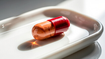 Medical or healthcare: one capsule pill on a shiny white tray backdrop
