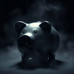 A piggy bank rendered in intense jet black with soft cinematic haze, deep shadows, and a soft focus, hazy background