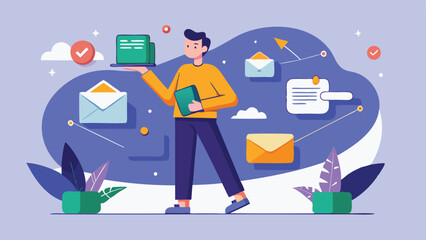 Illustration of a man holding files and a tablet surrounded by email icons and plants design